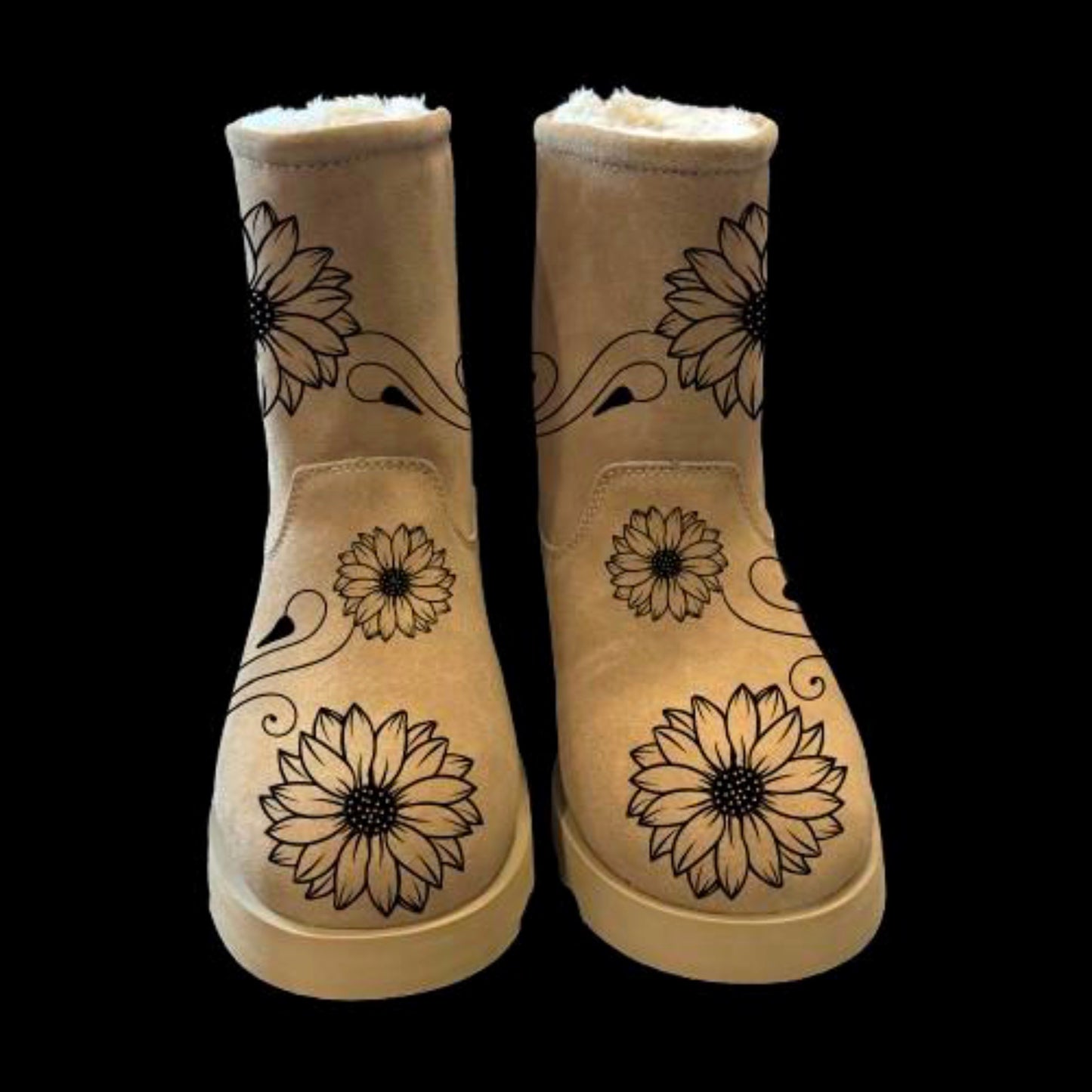 Sunflower Swirls boot burning design front view.