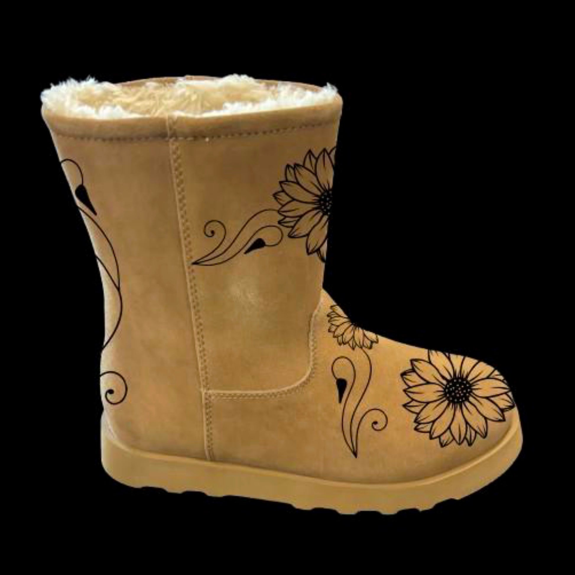 Sunflower Swirls boot burning design side view.