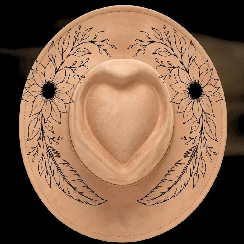 Sunflower Wide Brim Hat Burning Design | Feather Heart
