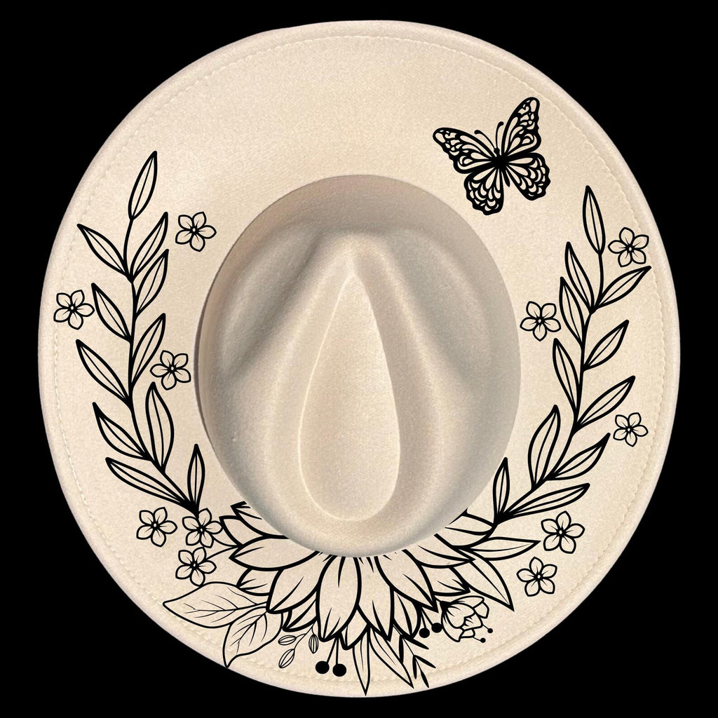 Wide brim hat with floral and butterfly design on a black background