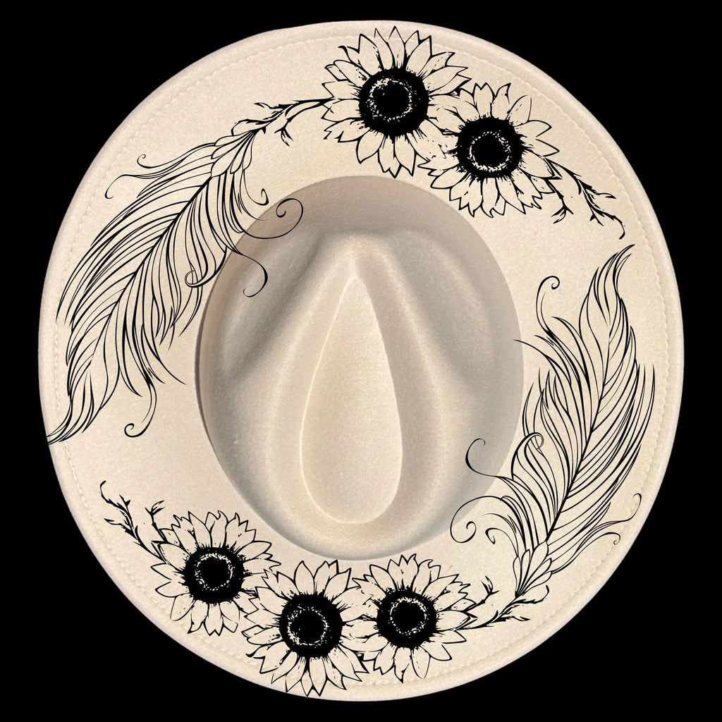 Sunflowers and feathers hat burning design on a wide brim hat