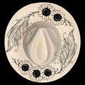 Sunflowers and feathers hat burning design on a wide brim hat