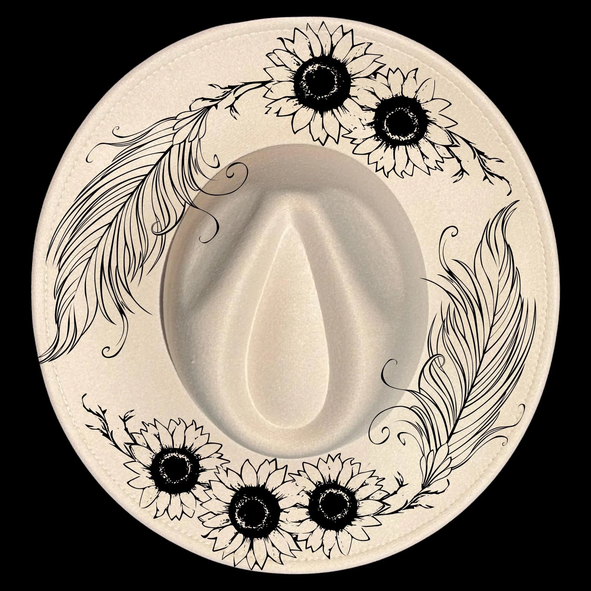Sunflowers and feathers hat burning design on a wide brim hat