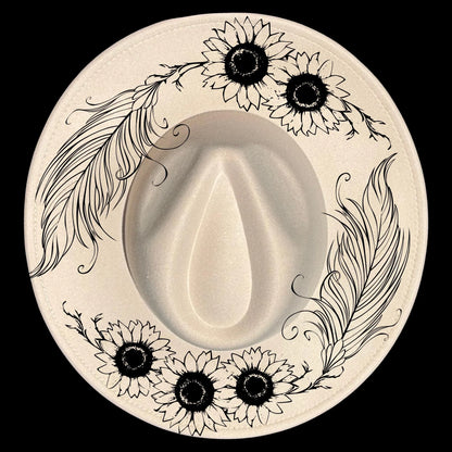 Sunflowers and feathers hat burning design on a wide brim hat