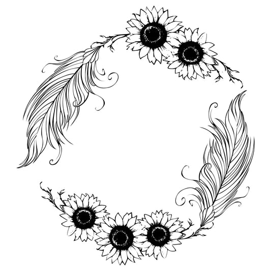 Digital design with feathers and sunflowers on a white background