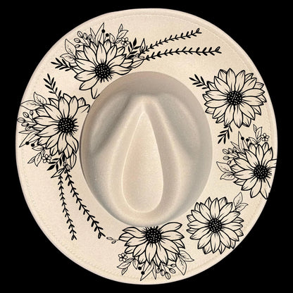 Sunflower wreath hat design burned on a wide brim hat, showing a rustic floral ring artwork for hat pyrography by Cool Moon Designs.