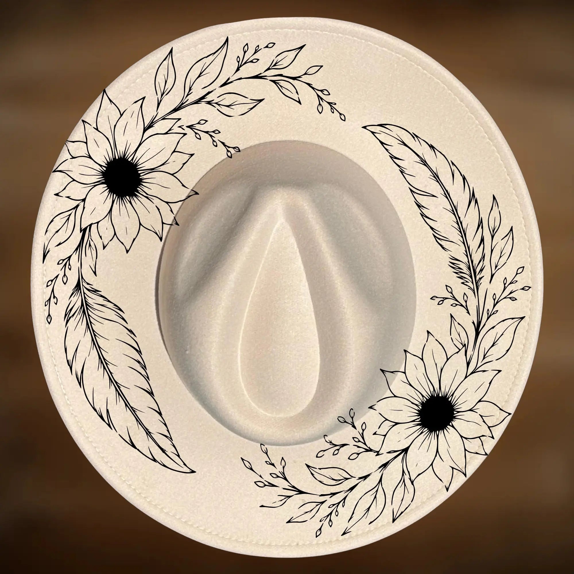 Sunflower Feather Wide Brim Hat Burning Design