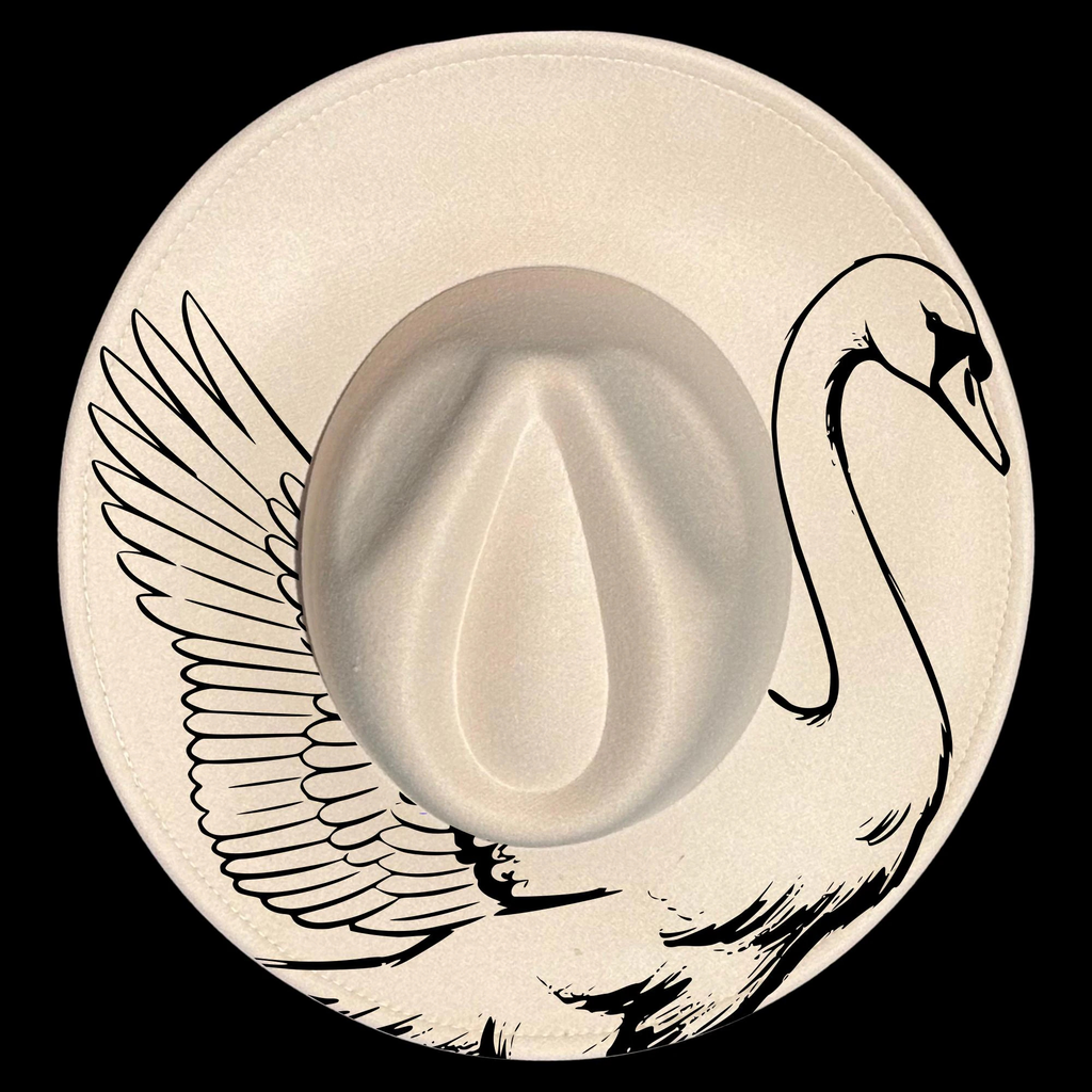 Wide brim hat with a swan design on a black background