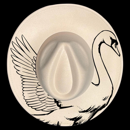 Wide brim hat with a swan design on a black background