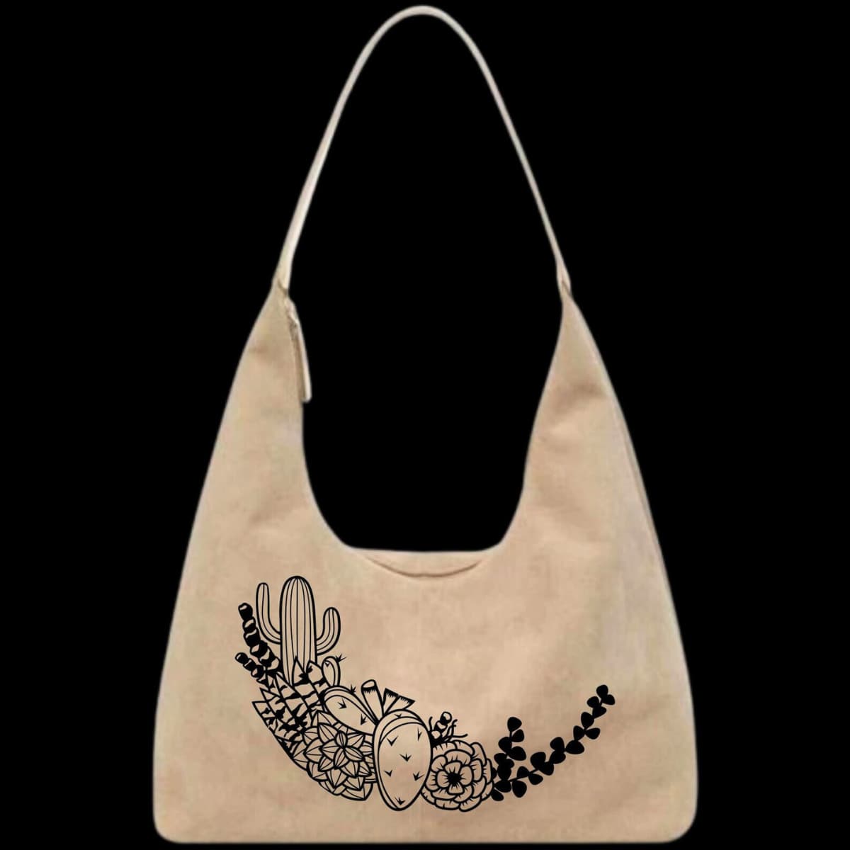 Leather tote bag with black floral and cactus design on a black background