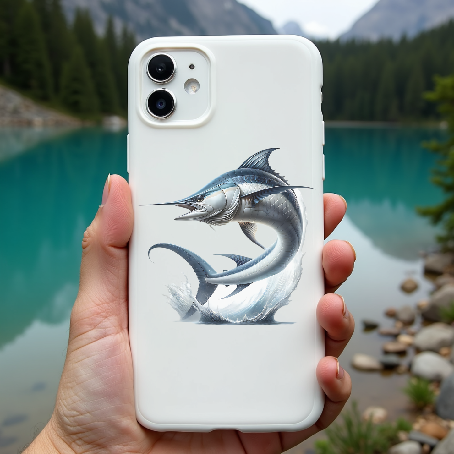 Swordfish Jumping From Ocean Water PNG digital design on a cell phone cover
