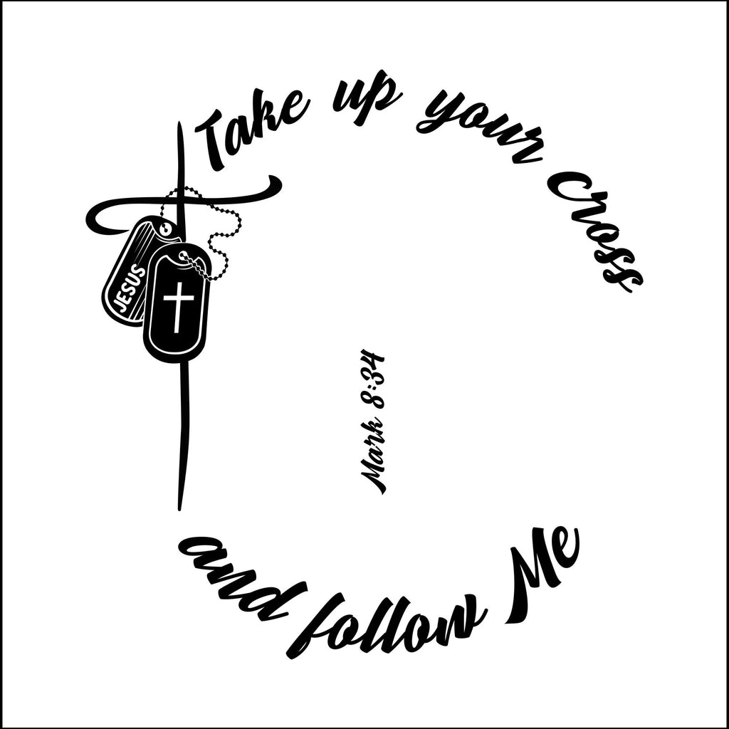 Black and white design with cross, dog tags, and text on a white background