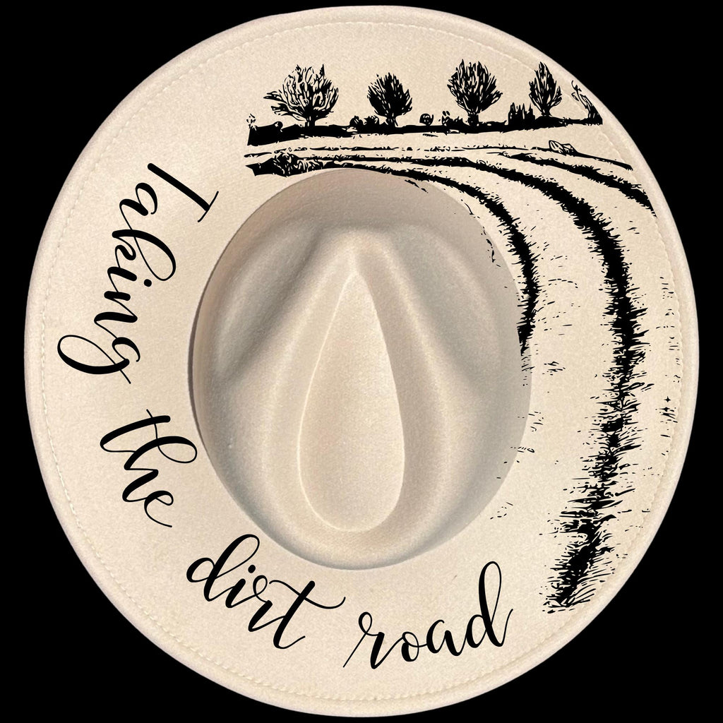Taking The Dirt Road burned hat burning design on a wide brim hat