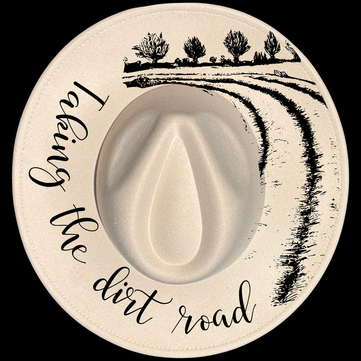 Taking The Dirt Road burned hat burning design on a wide brim hat