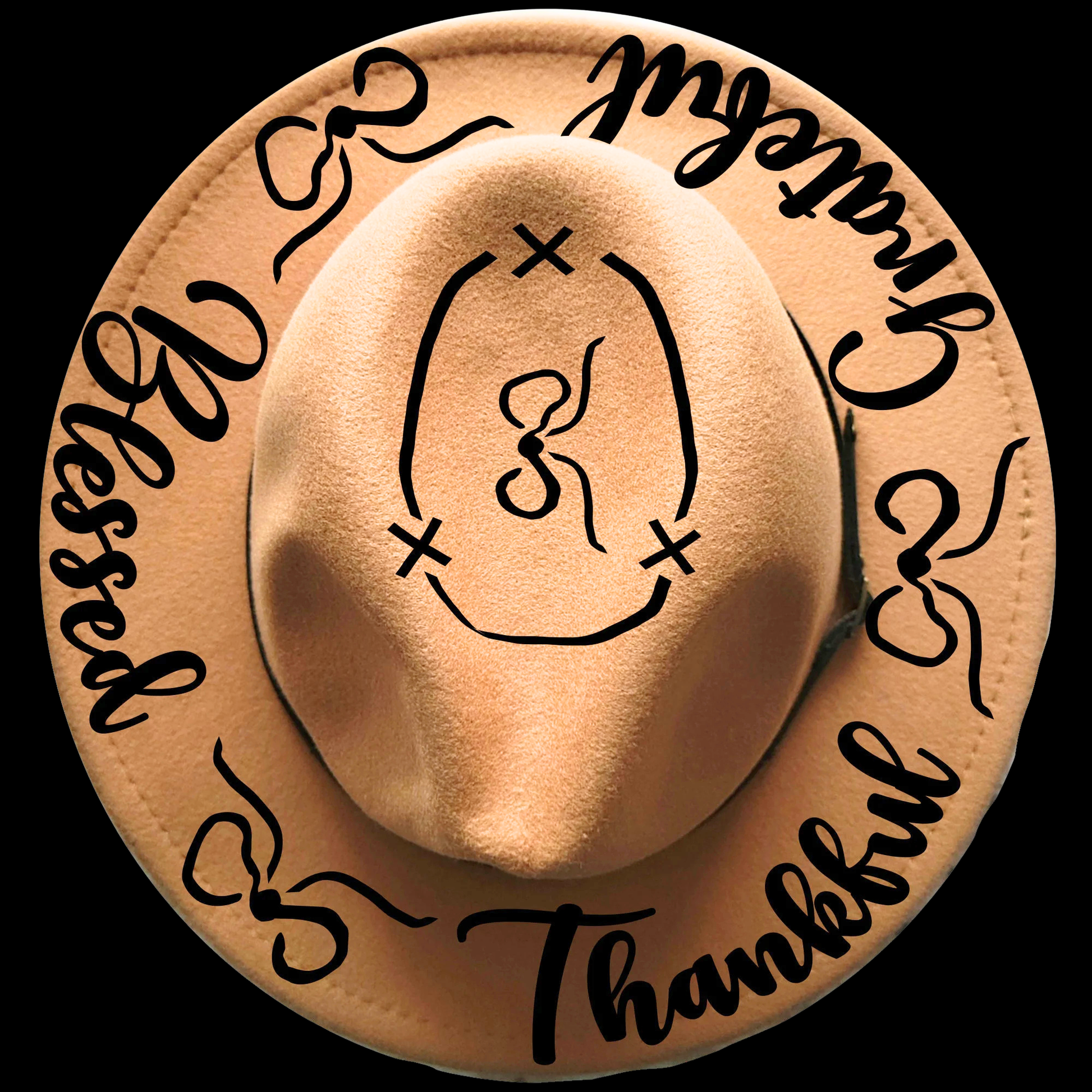 Narrow brim hat with black text "Thankful, Grateful, Blessed" and decorative bows on a black background