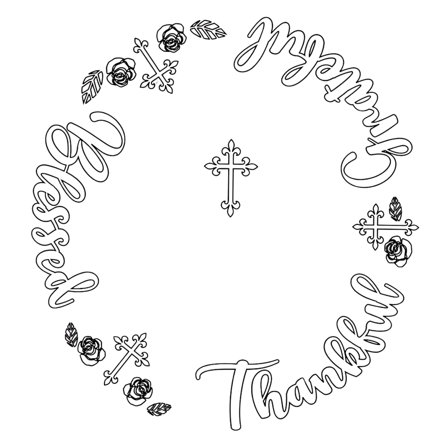Decorative wreath with 'Thankful Grateful Blessed' text, and cross designs on a white background
