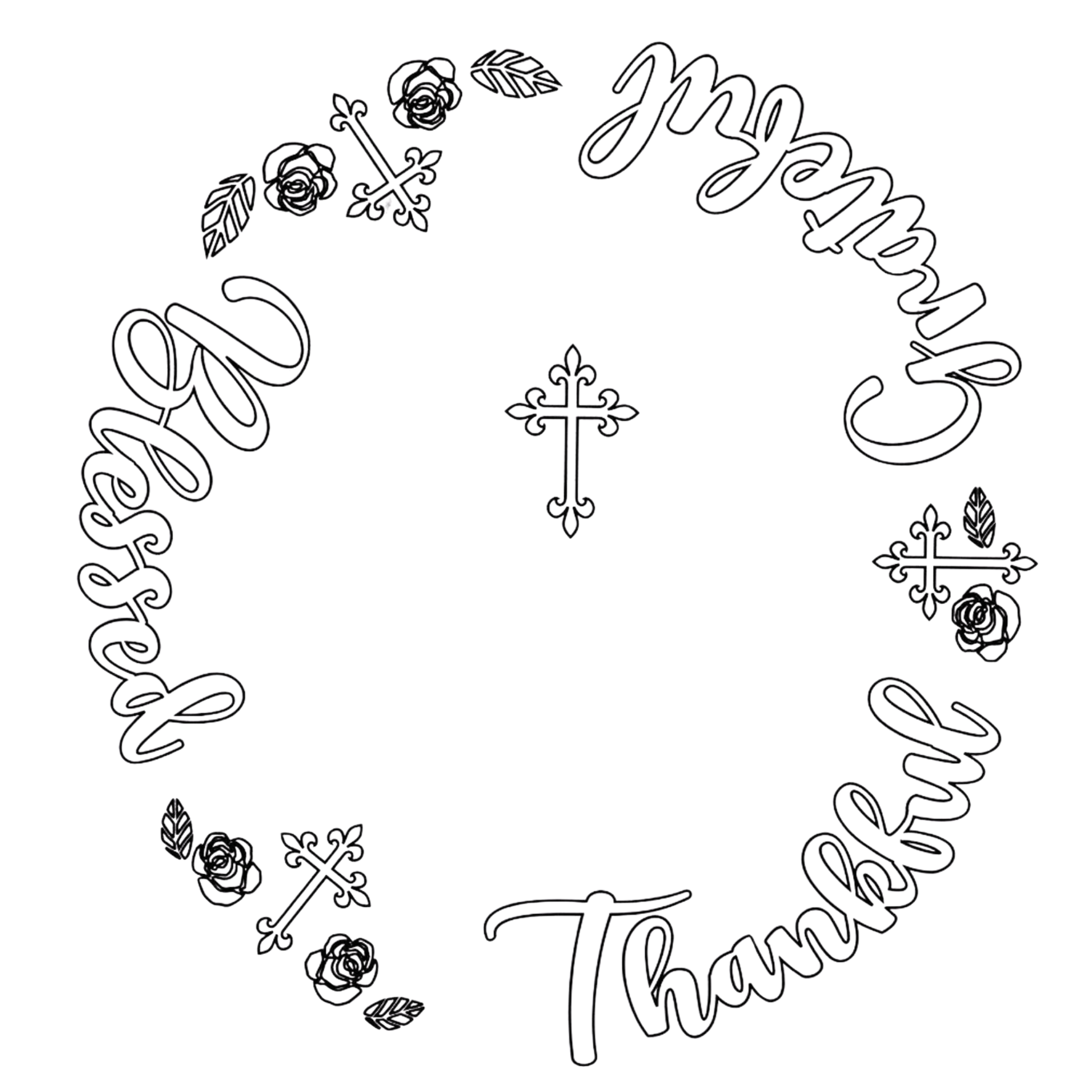 Decorative wreath with 'Thankful Grateful Blessed' text, and cross designs on a white background