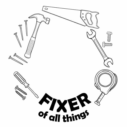 Black and white hat burning illustration of various tools arranged in a circular pattern with the text 'Fixer of all things'.