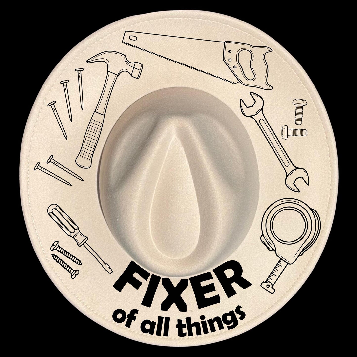 A wide brim hat with tool designs and the text 'Fixer of all things' on a black background.