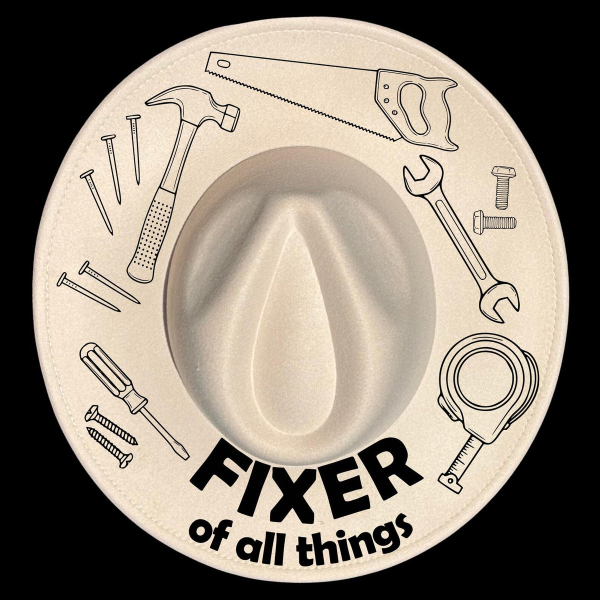 A wide brim hat with tool designs and the text 'Fixer of all things' on a black background.