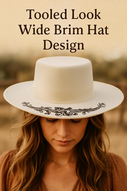 Woman wearing our tooled look wide brim hat with a blurred background