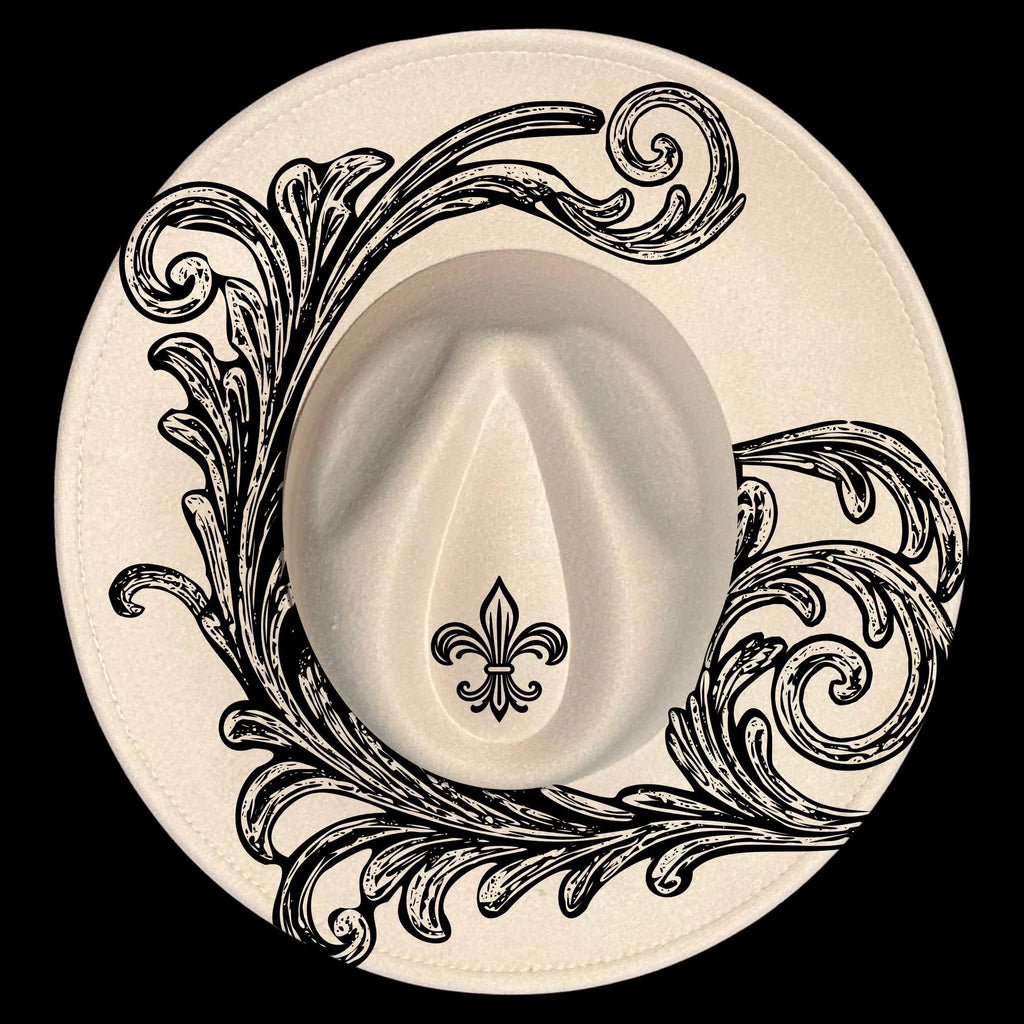 Decorative wide brim hat with black floral patterns and a central fleur-de-lis design on a black background