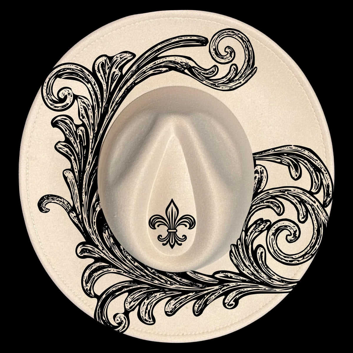 Decorative wide brim hat with black floral patterns and a central fleur-de-lis design on a black background