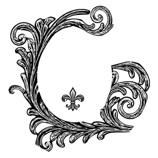 Decorative letter 'C' with intricate flourishes and a fleur-de-lis symbol in the center on a white background.