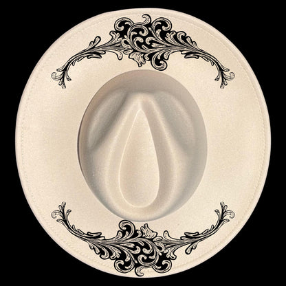 Black floral tooled look patterns on a wide brim hat