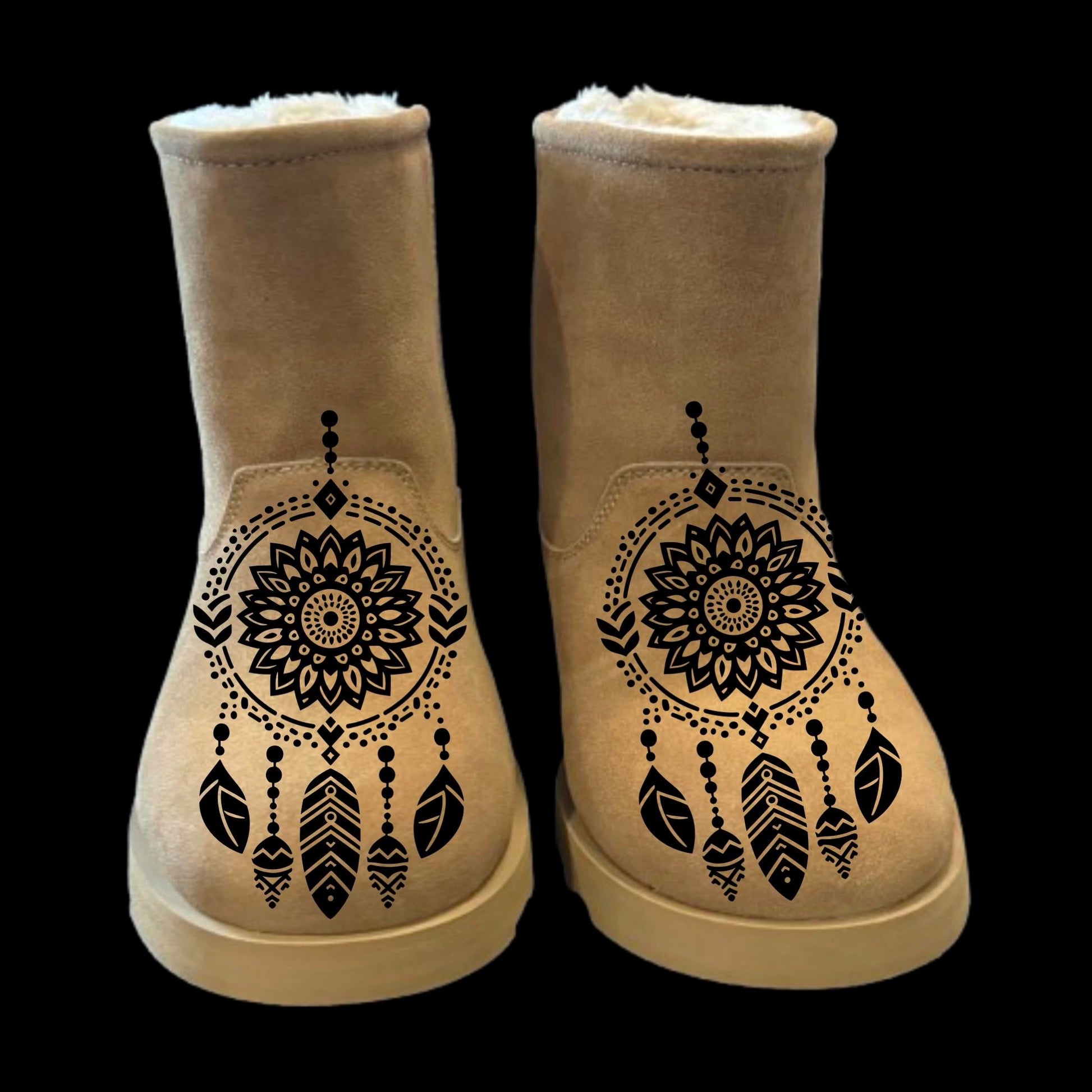 Tribal Dreamcatcher boot burning design on a pair of boots.