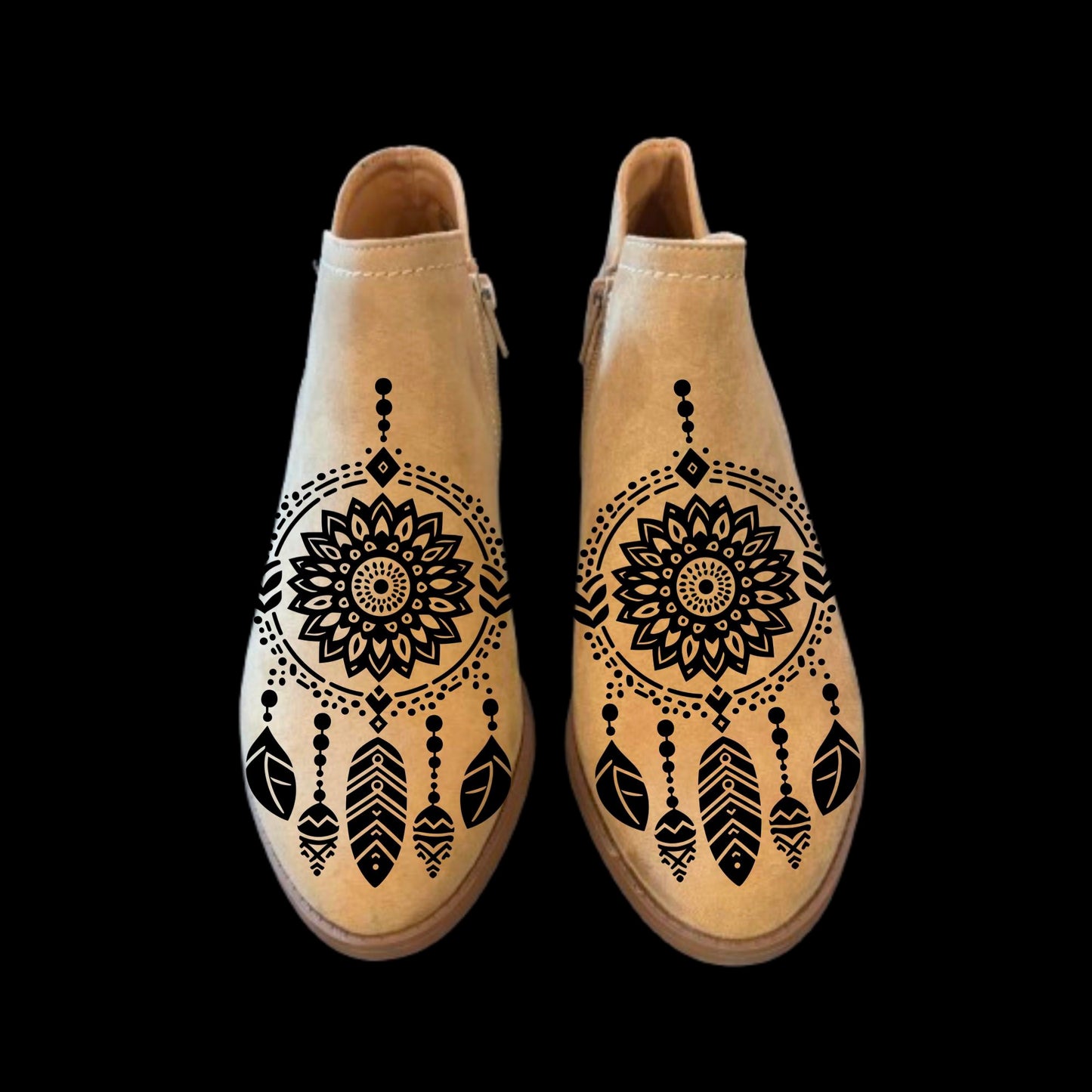 Tribal Dreamcatcher boot burning design on a pair of shoes.