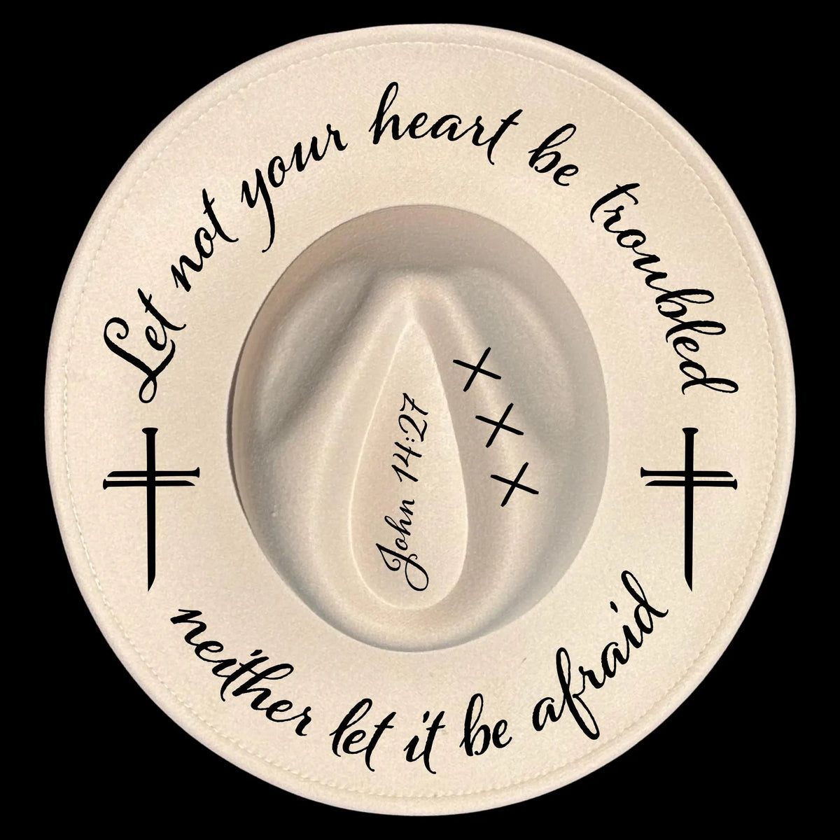 Decorative  religious text on a wide brim hat against a black background