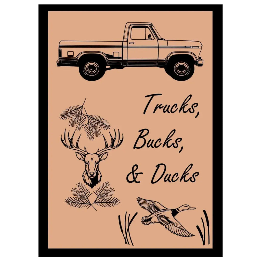 Journal cover with a truck, deer head, and duck illustration on a beige background.