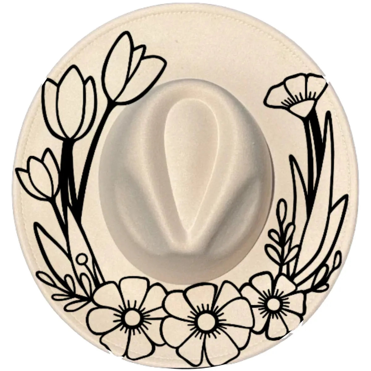 Wide brim hat with floral tulip designs on a white background