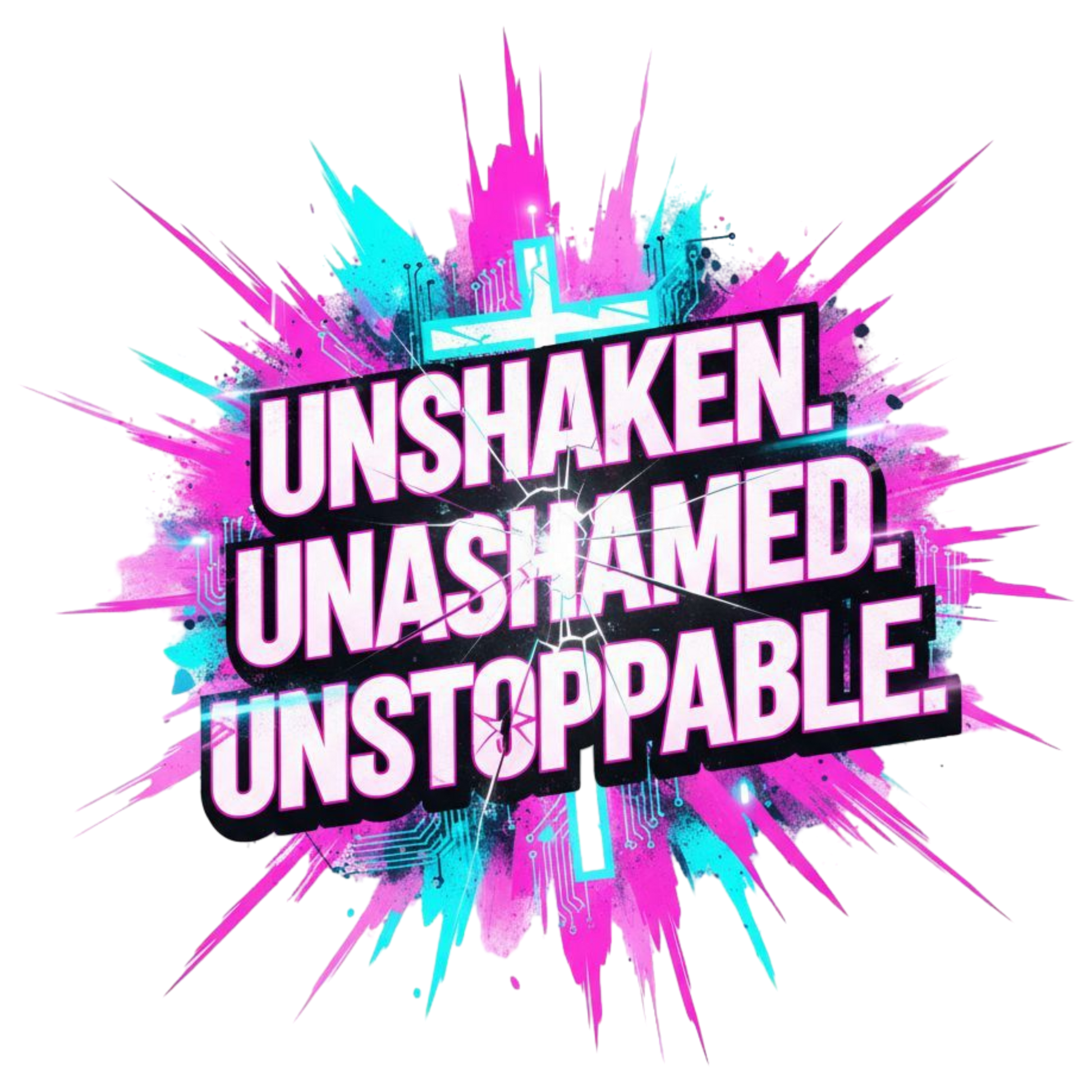 Unshakable Unashamed Unstoppable Christian PNG design by Cool Moon Designs — faith quote with cross for t-shirts, mugs, and wall art.