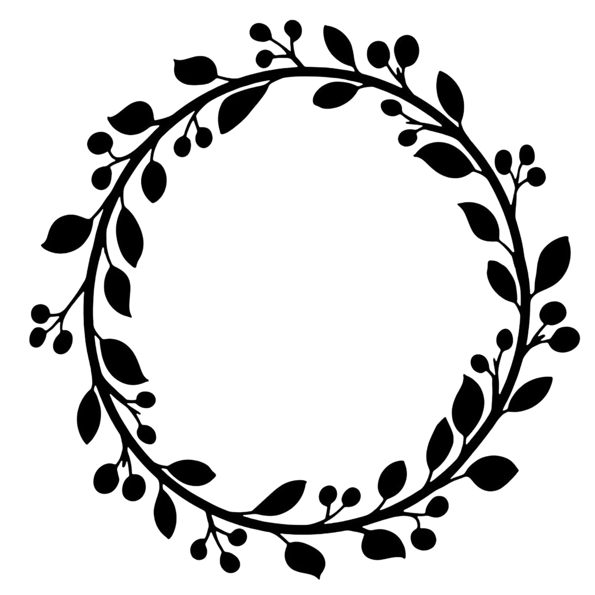 Black vines and berry leaf wreath on a white background