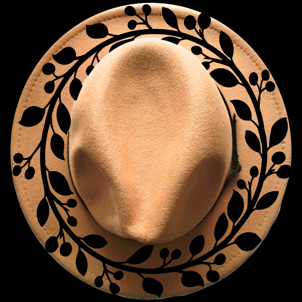 Narrow brim hat with black leaf and berries pattern on a black background