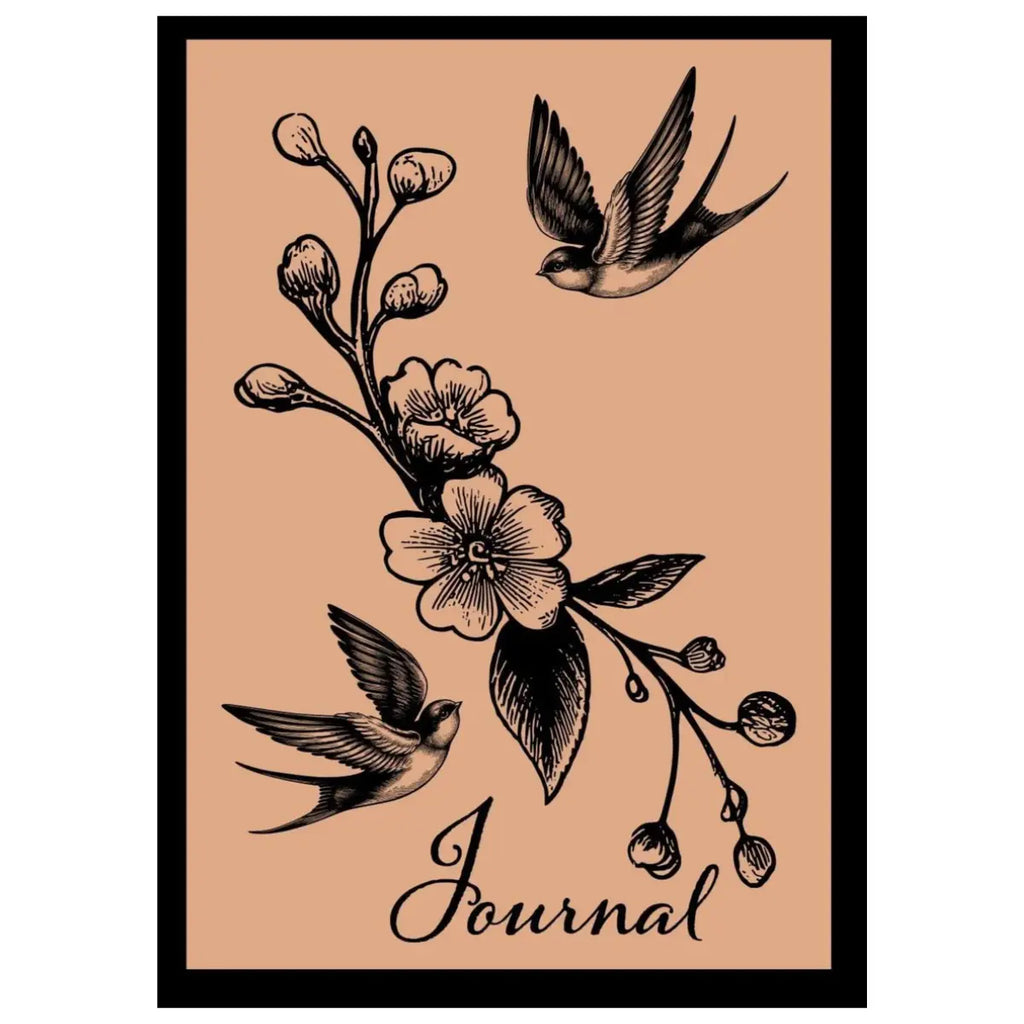 Decorative journal cover with black floral and swallows illustrations on a beige background