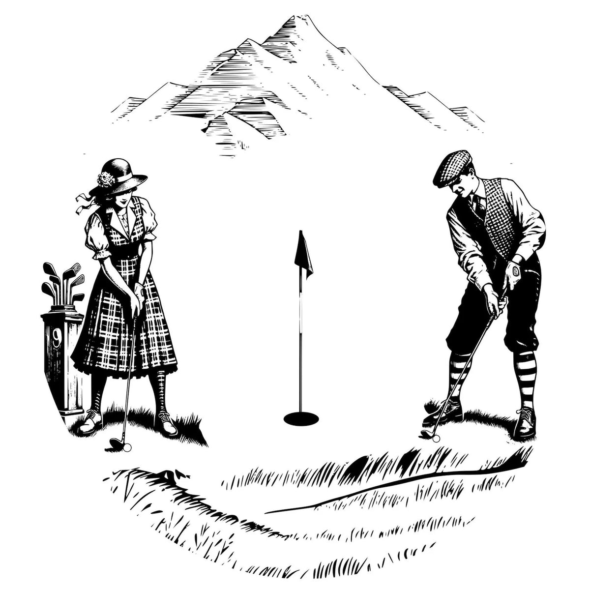 Two golfers on a golf course design with mountains in the background