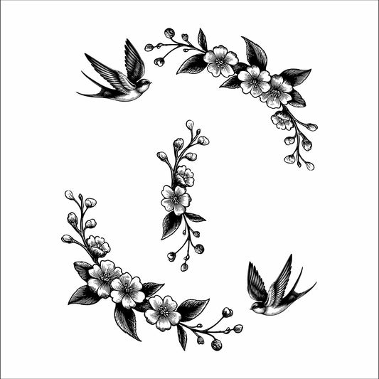 Black and white floral and swallows designs on a white background