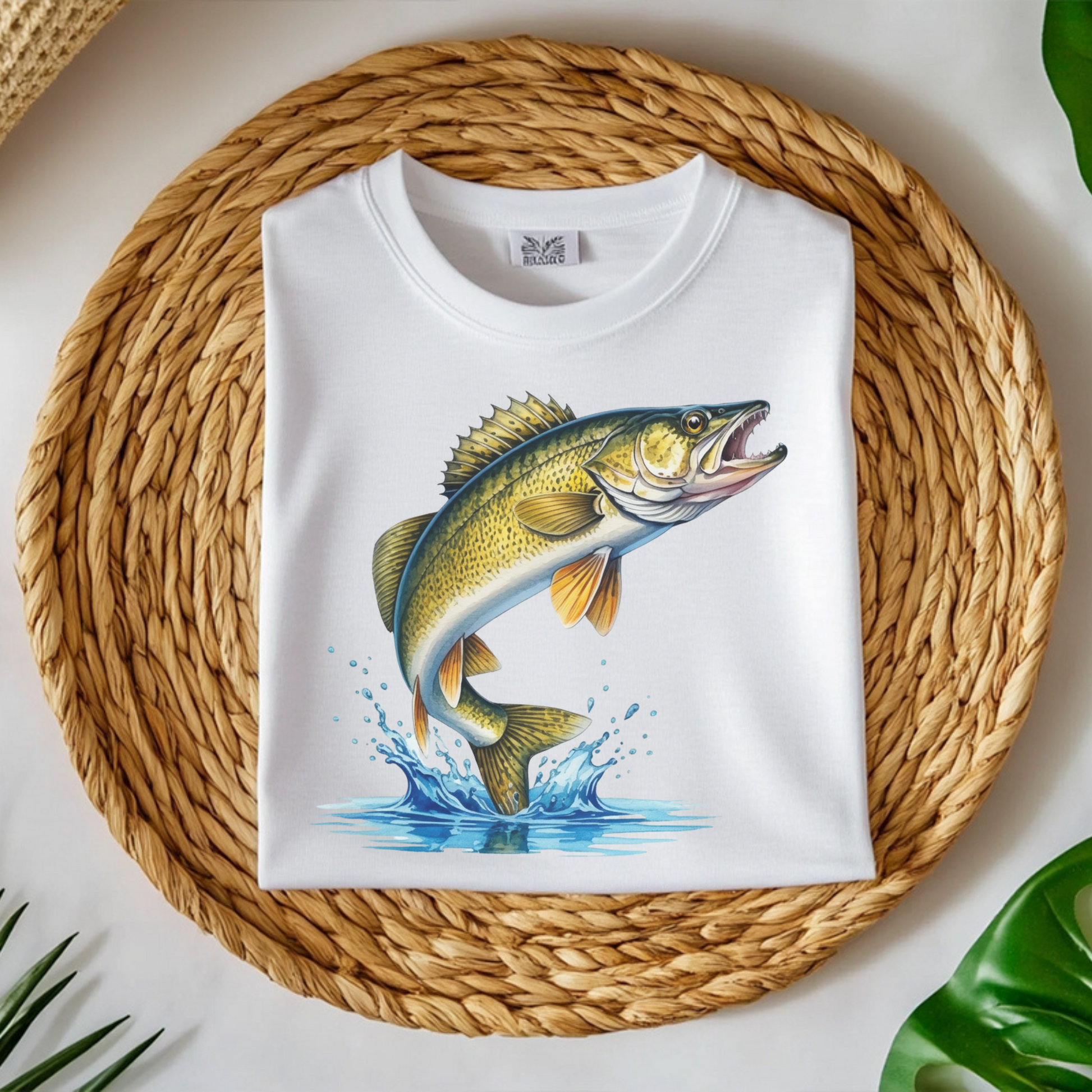 Walleye Fish leaping from the water digital design on a folded t-shirt