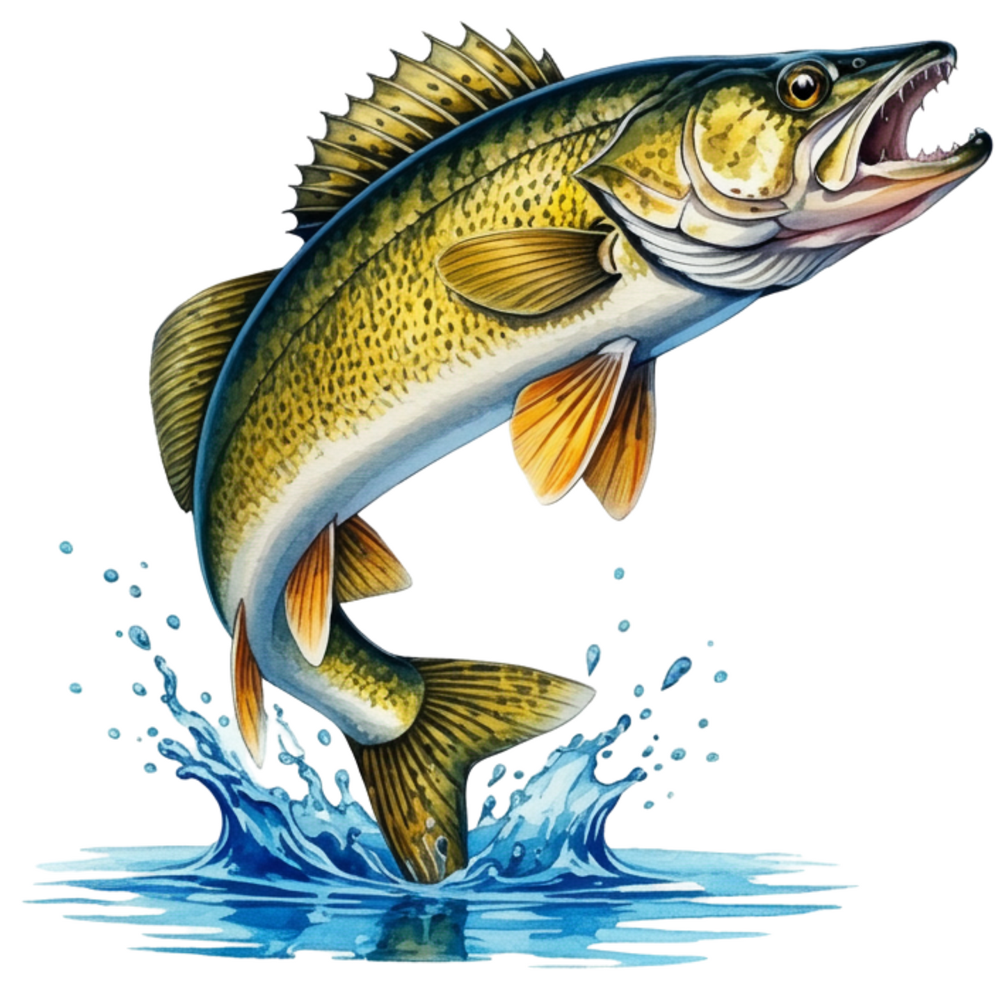 Walleye Fish leaping from the water digital design