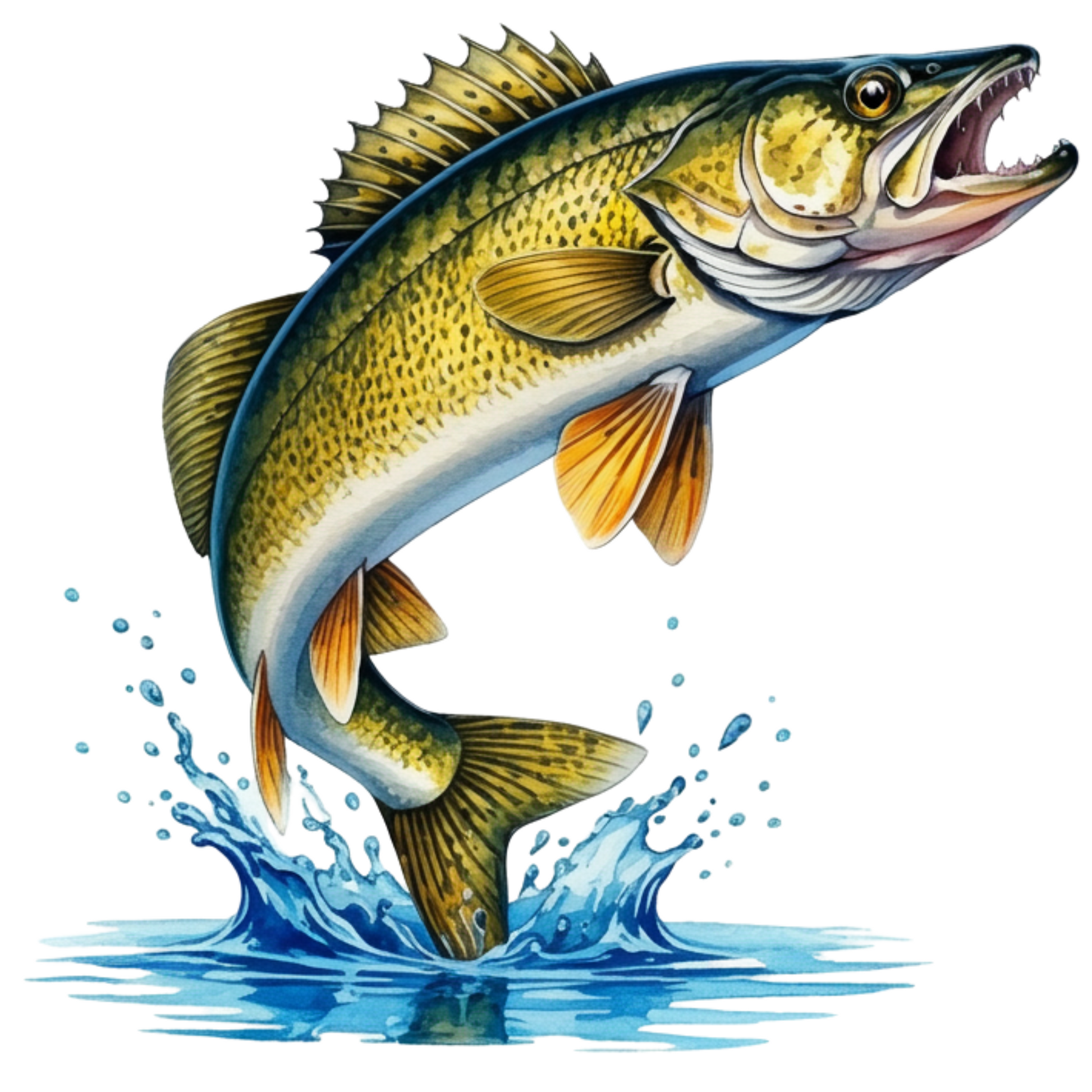 Walleye Fish leaping from the water digital design