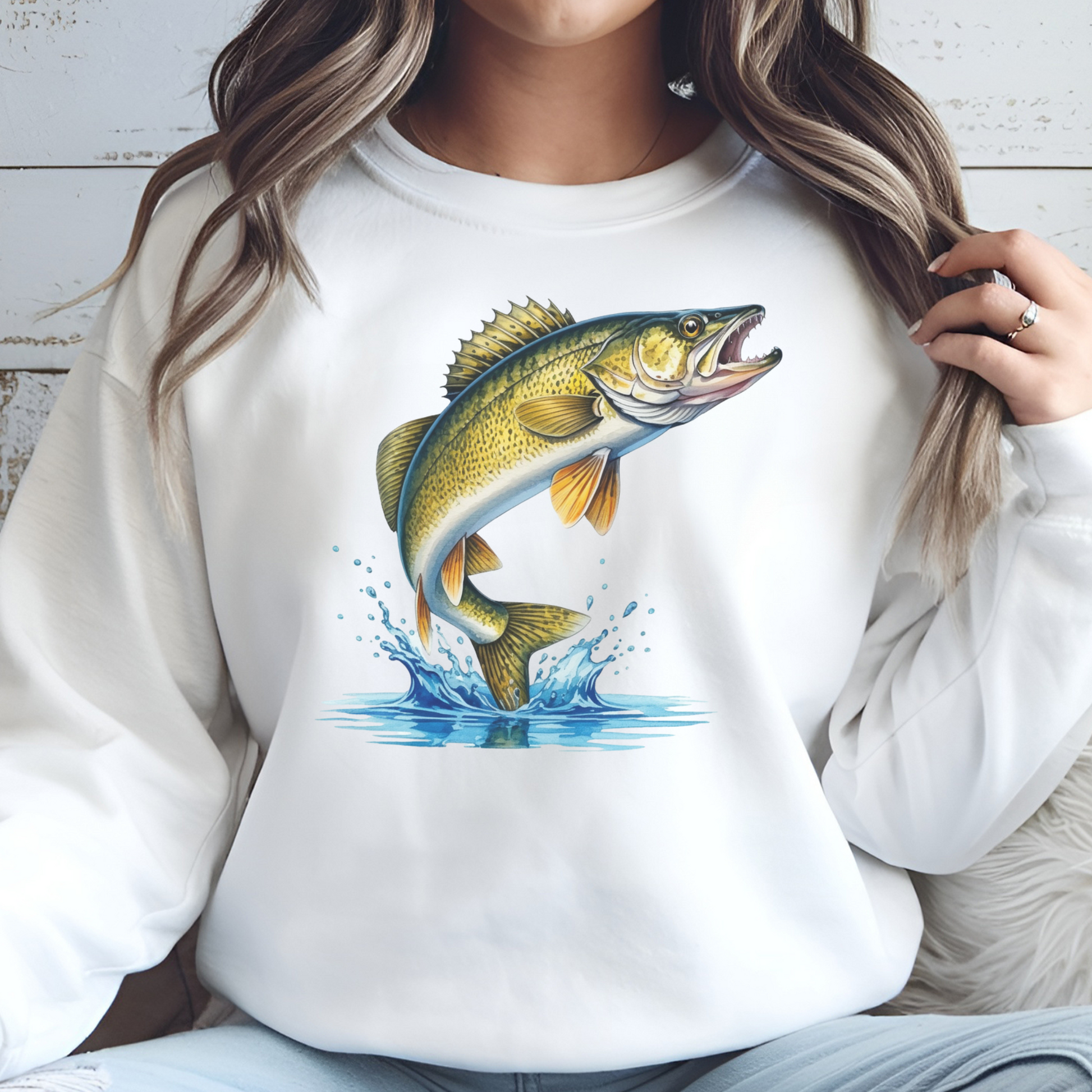 Walleye Fish leaping from the water digital design on a woman's sweatshirt