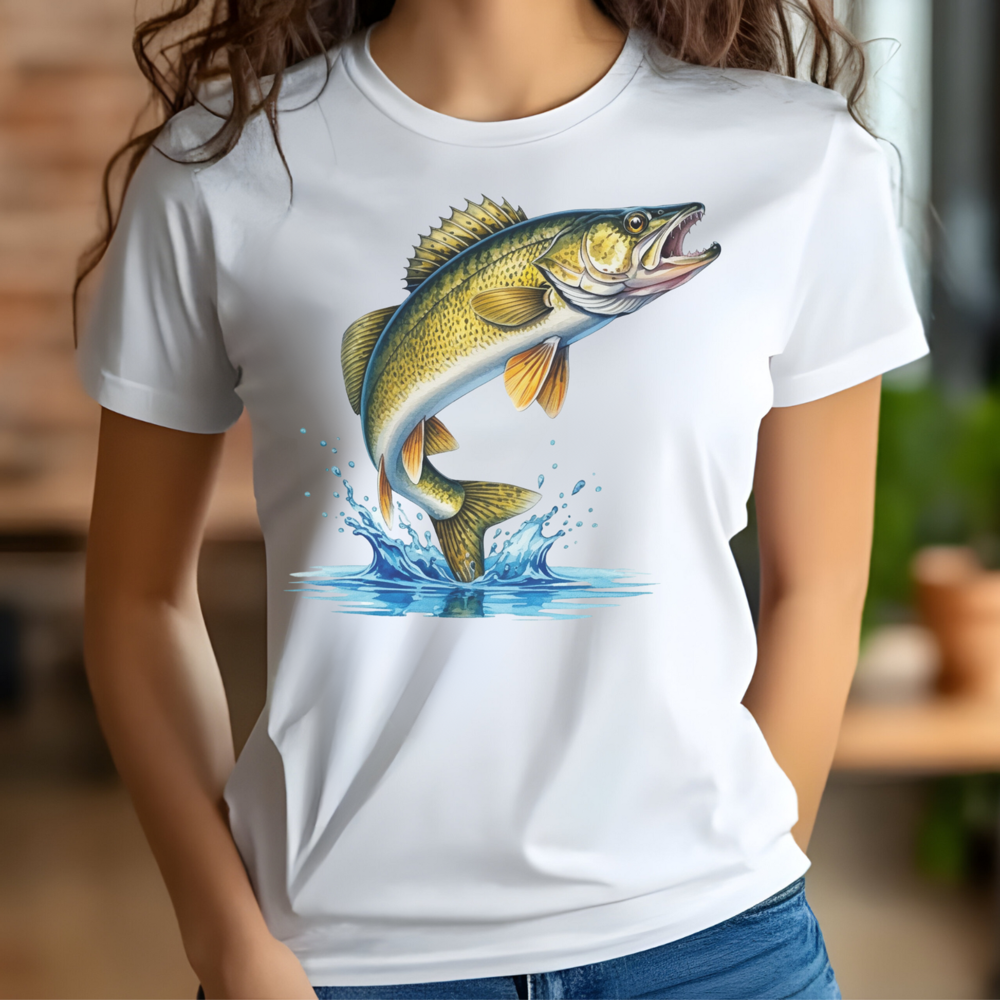 Walleye Fish leaping from the water digital design on a woman's white t-shirt