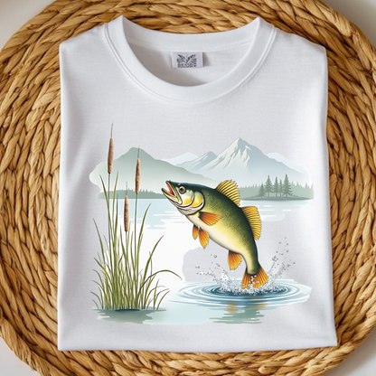 Walleye Leaping PNG digital design on a folded t-shirt