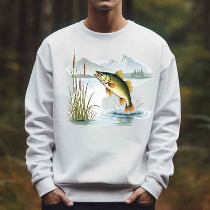 Walleye Leaping PNG digital design on a man's white sweatshirt