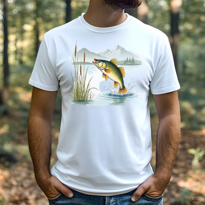 Walleye Leaping PNG digital design on a man's white t-shirt