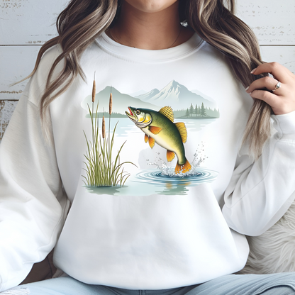 Walleye Leaping PNG digital design on a woman's white sweatshirt