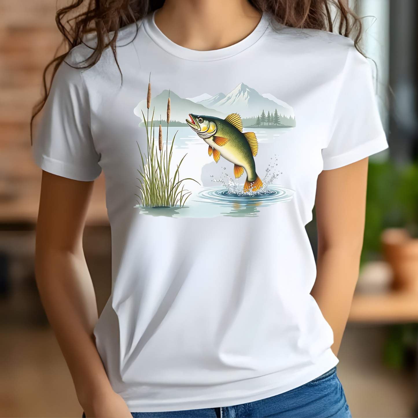 Walleye Leaping PNG digital design on a woman's white t-shirt